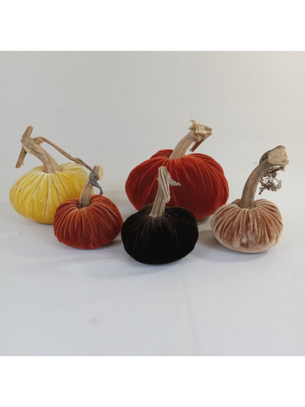 5 Velvet Plush Pumpkins Autumn Decor Set Fall Harvest Gourd Stems Orange Yellow